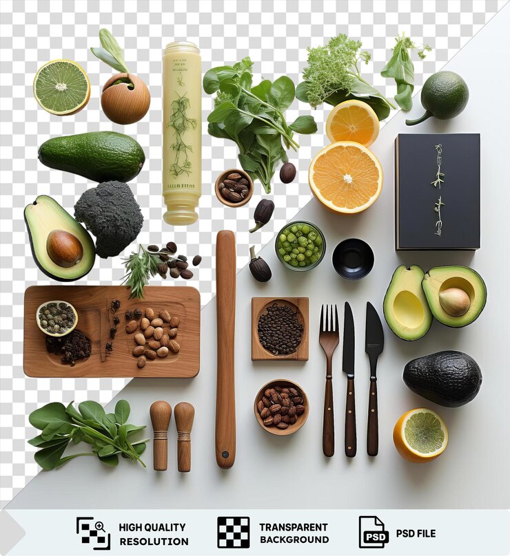 PSD オーガニック・ベガニズム・クッキング・セット (psd organic vegan cooking set) は木製のスプーン銀色のフォーク黒いナイフ緑のアボカドなどさまざまな器具を透明な背景に並べて