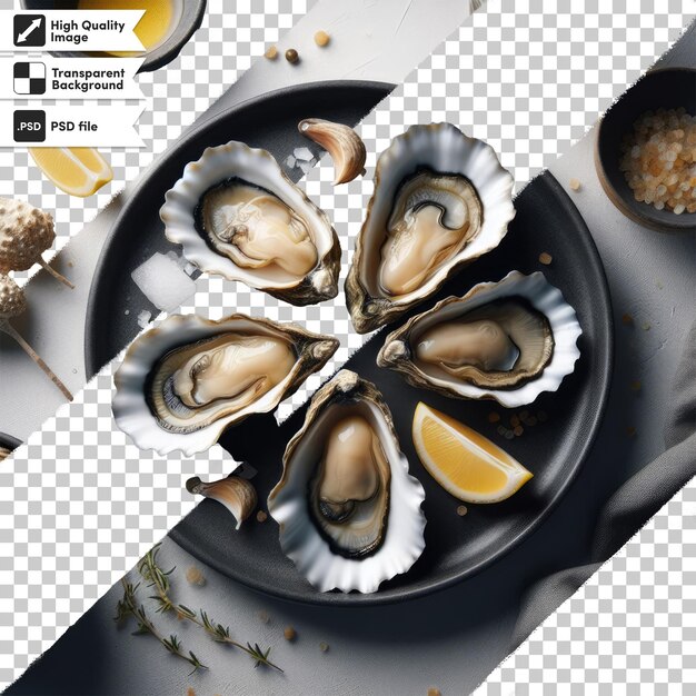 Psd oysters with lemon on transparent background with editable mask layer