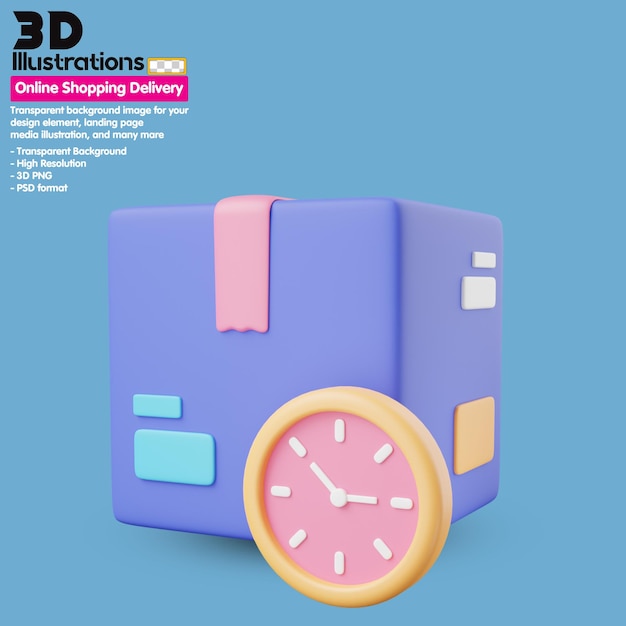 psd package box and clock delivery online shopping delivery 3d icon set