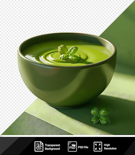 Psd palak dal e una ciotola di zuppa verde su uno sfondo trasparente accompagnata da una foglia verde che getta un'ombra verde