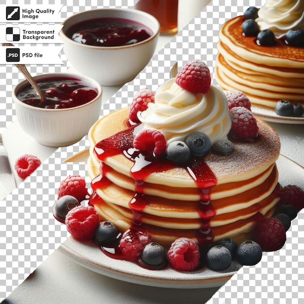 PSD psd pancakes with berries and cream on transparent background with editable mask layer
