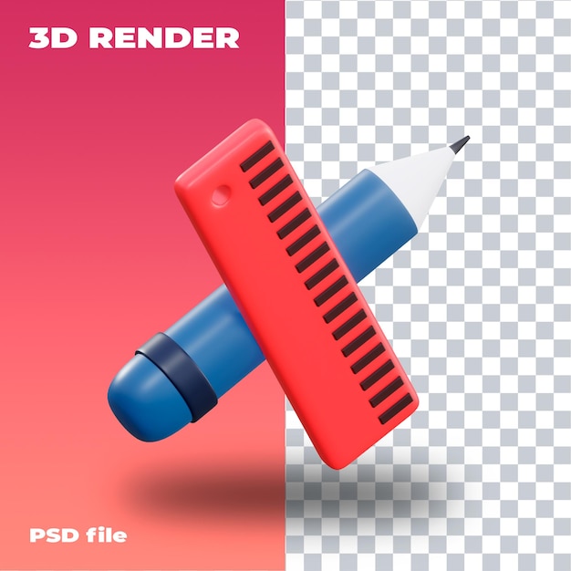PSD psd matita e righello icona 3d rendering 3d trasparente ad alta risoluzione