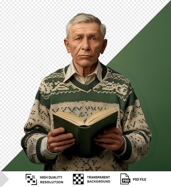 PSD psd pensive elderly man with short grey hair in a sweater holding an invisible book png