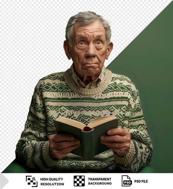 PSD uomo anziano pensieroso con i capelli grigi corti in un maglione che tiene un libro invisibile con una parete verde sullo sfondo le sue caratteristiche includono un grande orecchio occhio blu grosso naso png