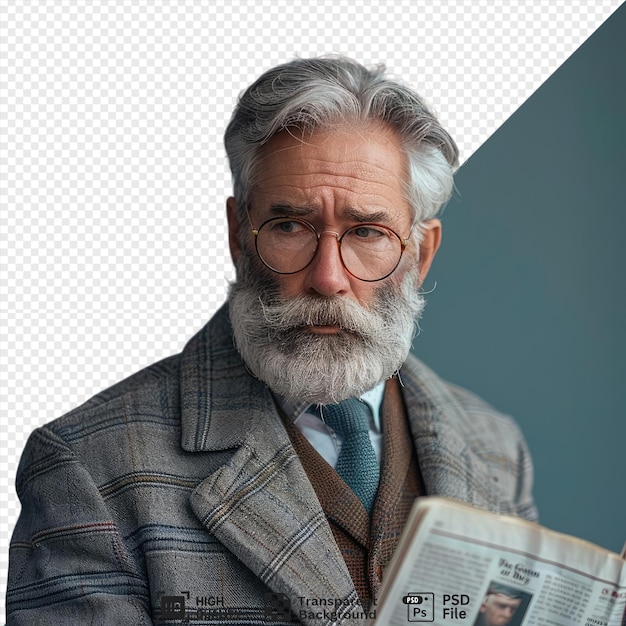 PSD psd periodicals a well dressed man with a gray beard and hair holds an open book in his hand while wearing a blue tie and brown glasses he stands in front of a blue png