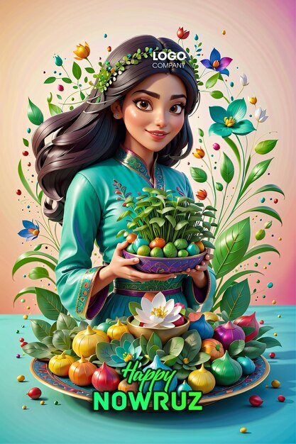 PSD psd persian new year a banner with a darkhaired girl in her hands and a vase with sprouted wheat