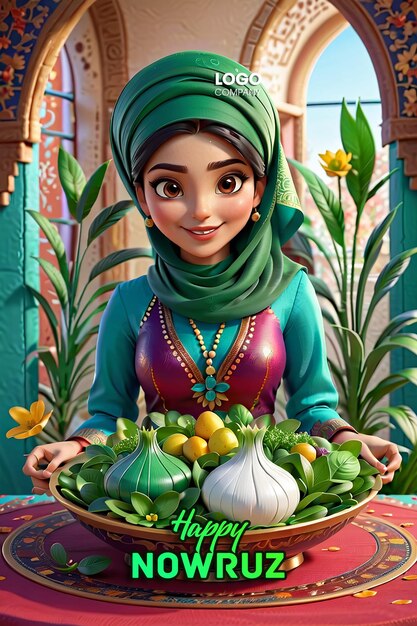 Psd persian new year a banner with a darkhaired girl in her hands and a vase with sprouted wheat