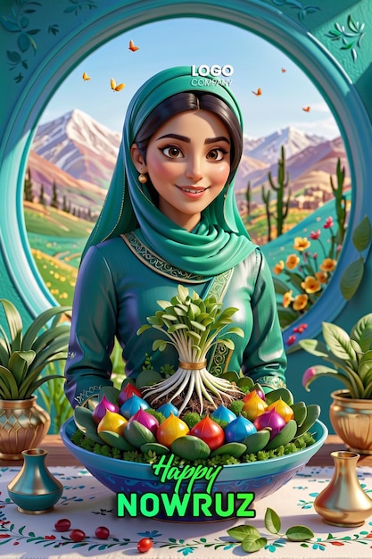 PSD psd persian new year a banner with a darkhaired girl in her hands and a vase with sprouted wheat