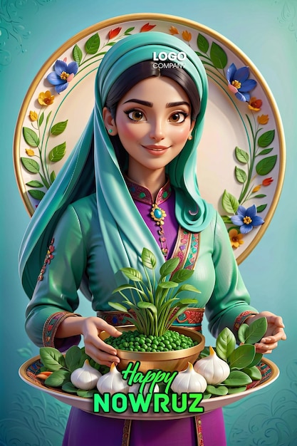 PSD psd persian new year a banner with a darkhaired girl in her hands and a vase with sprouted wheat