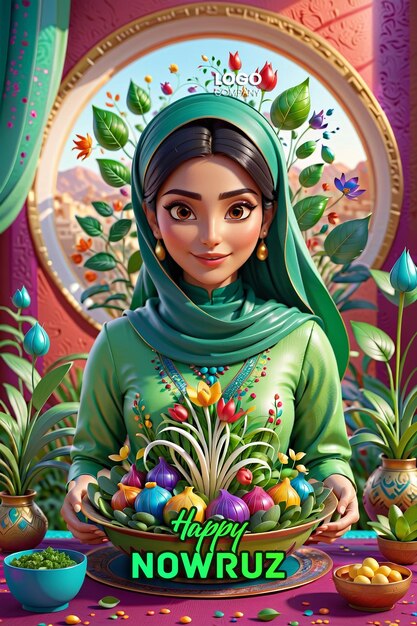 Psd persian new year a banner with a darkhaired girl in her hands and a vase with sprouted wheat