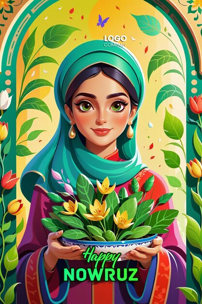 PSD psd persian new year a banner with a darkhaired girl in her hands and a vase with sprouted wheat