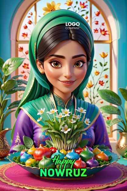 PSD psd persian new year a banner with a darkhaired girl in her hands and a vase with sprouted wheat