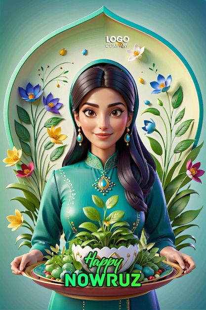 PSD psd persian new year a banner with a darkhaired girl in her hands and a vase with sprouted wheat