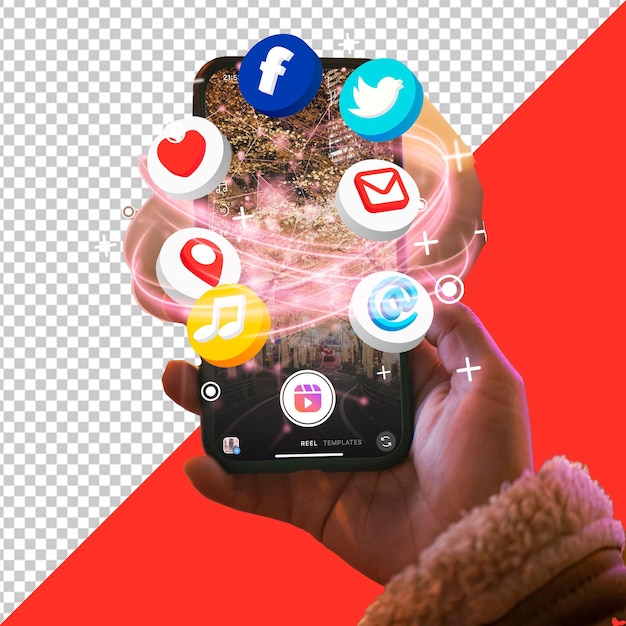 PSD person holding a phone facebook with transparent background