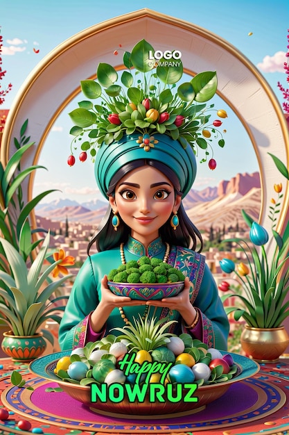 PSD psd perzisch nieuwjaar een spandoek met een donkerharig meisje in haar handen en een vaas met gegroeide tarwe
