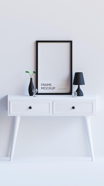 PSD Photo Frame Mockup On Table With Lamp and Plant Aesthetic Ornament Living Room White Wall