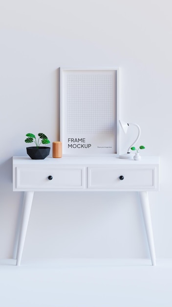Psd photo frame mockup on table with palnt and lamp aesthetic ornament living room white wall