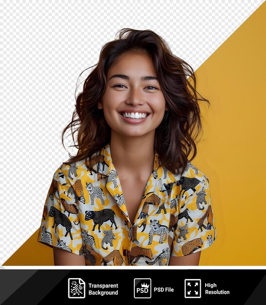 Foto psd di persona positiva bella sorriso dentato indossare camicia a disegno animale png psd