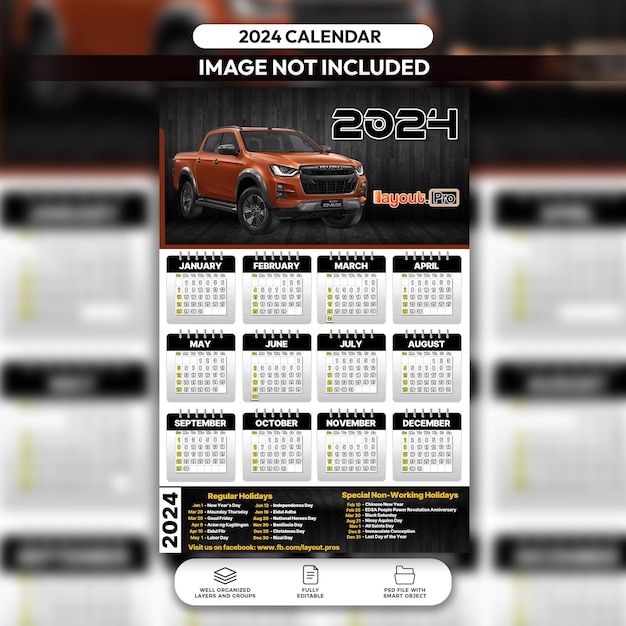 Modello di layout del calendario 2024 del camioncino psd