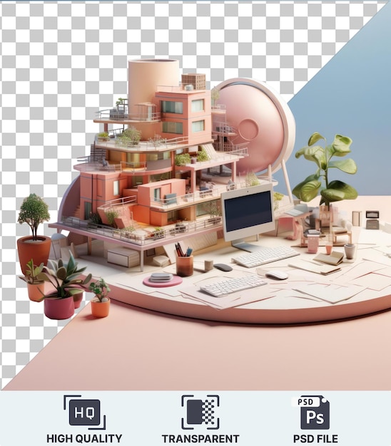 PSD psd picture 3d architect cartoon designing innovative buildings a scene featuring a small green plant a white keyboard a pink building a blue sky a transparent background and a pink pot