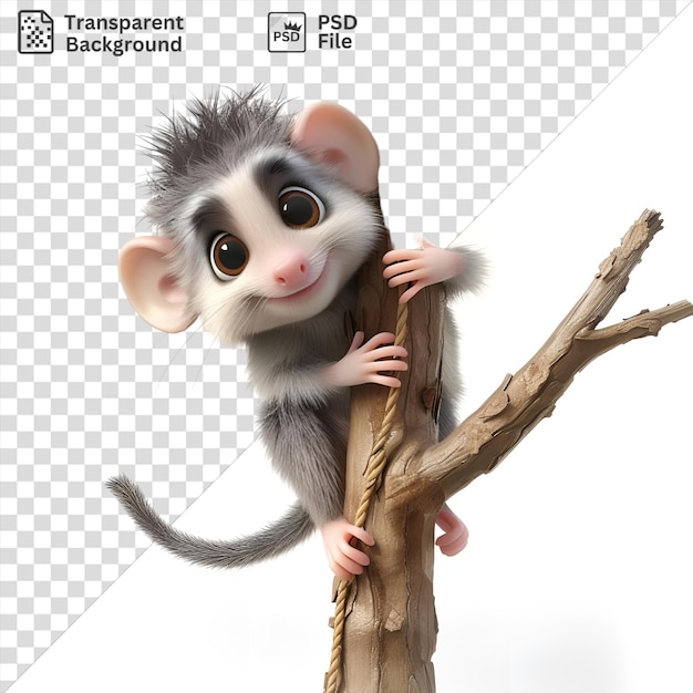 PSD picture psd 3d cartone animato opossum appeso a un ramo di albero con il naso rosa occhi neri e lunghi baffi bianchi con una piccola mano visibile in primo piano