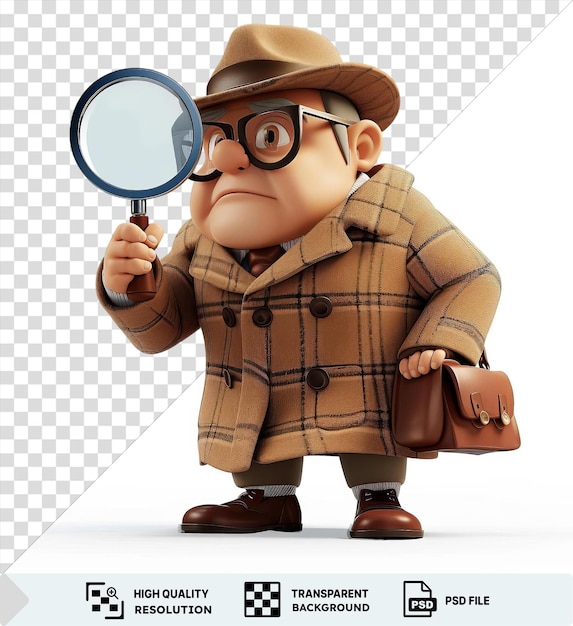 Psd picture 3d detective cartoon solving a complex enigma character holding a magnifying glass