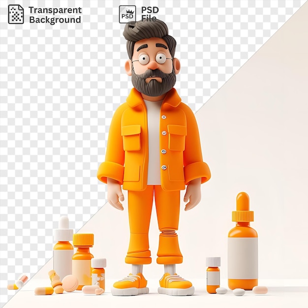 PSD psd picture 3d drug dealer cartoon selling illegal substances with a toy and various bottles in the background including a yellow and orange bottle a white and orange bottle and an orange and yellow