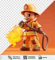 PSD psd picture 3d firefighter cartoon extinguishing flames with a fire extinguisher wearing an orange and yellow hat yellow pants and a black eye while holding a