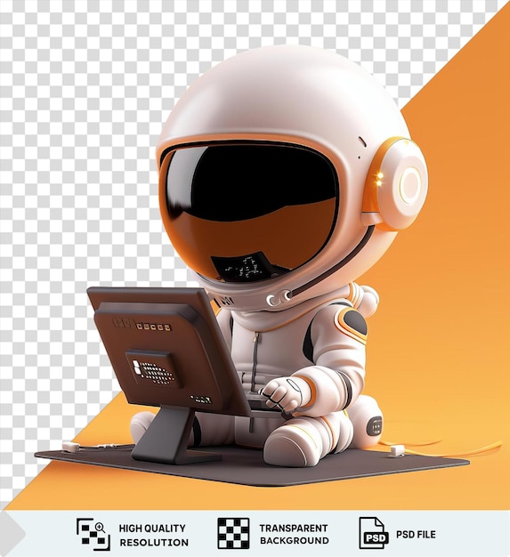 PSD psd picture 3d hacker cartoon hacking a computer while wearing a white helmet and holding a gray and silver laptop with a white arm visible in the foreground