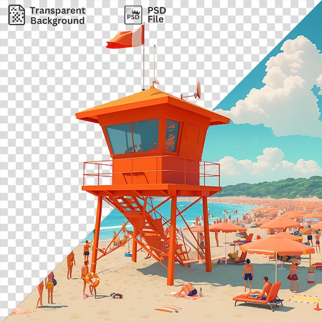psd picture 3d lifeguard cartoon watching over a crowded beach with orange umbrellas blue sky and white clouds while a red flag flutters in the breeze