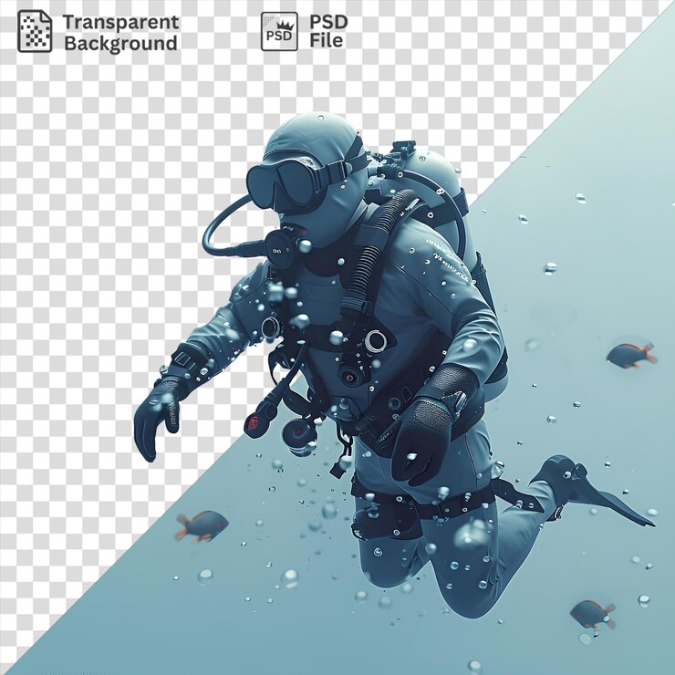 PSD psd picture 3d marine biologist diving with sea creatures in the water