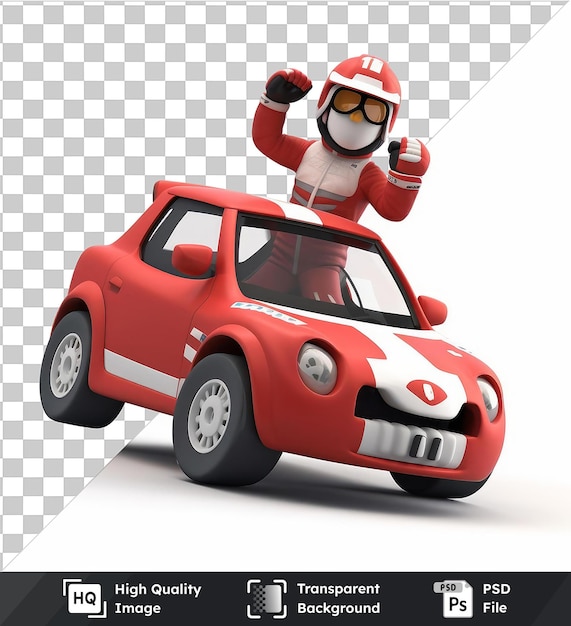 PSD disegno animato di un pilota di auto da corsa che gareggia in un rally 3d