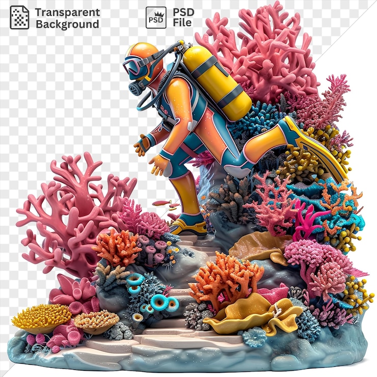 PSD psd picture 3d scuba diver cartoon exploring a vibrant coral reef