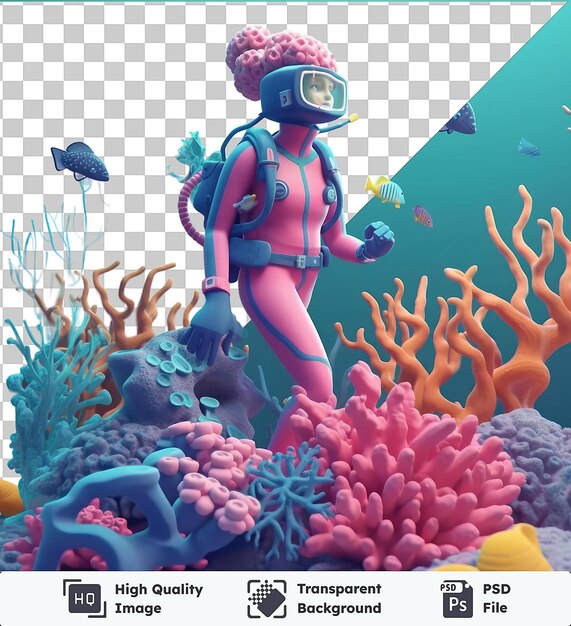 PSD psd picture 3d scuba diver cartoon het verkennen van levendige koraalriffen