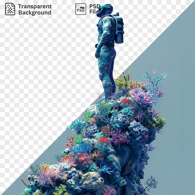 PSD 3d-сноркелер исследует коралловый риф под чистым голубым небом с голубой статуей на заднем плане