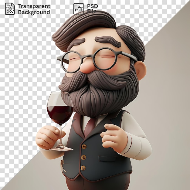 PSD psd picture 3d sommelier tasting wine with a glass of red wine wearing a black vest pink tie and black glasses standing in front of a white wall with a gold button