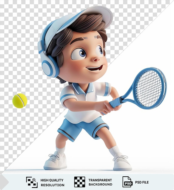 PSD psd картинка 3d теннисист мультфильм ace мощный сервис с синей ракеткой в белой и синей рубашке синие шорты и синие наушники во время держания желтого мяча
