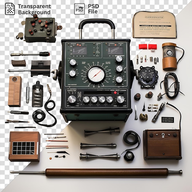 PSD psd picture amateur radio equipment set up on a transparent background with a brown box and black handle in the background