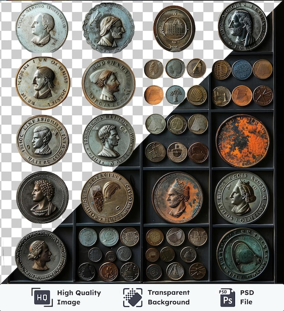 PSD set di collezione di monete antiche esposto su una parete nera con una varietà di monete in forma dorata, argento, marrone e rotonda e una statuetta di cavallo bianco