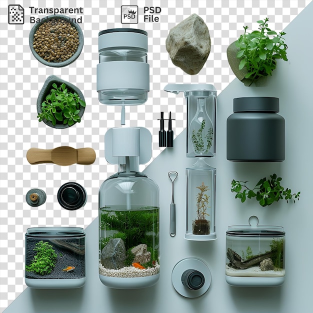 PSD psd picture aquarium care set featuring a variety of plants and rocks including a small green plant a white bowl a clear glass bottle a silver spoon and a gray and black