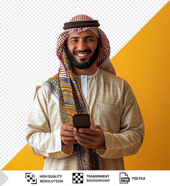 PSD foto psd uomo arabo con uno smartphone in mano png