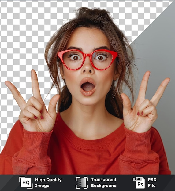 PSD psd picture beautiful brunette woman wearing red glasses over isolated amazed and surprised looking up and pointing with fingers and raised arms