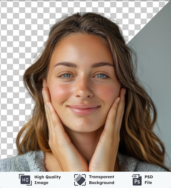 PSD psd picture beautiful young caucasian woman enjoying head massage in a gray sweater with brown and blond hair blue and brown eyes and a small nose while her hand rests on her face