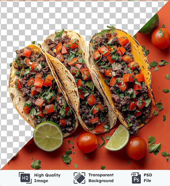 PSD psd picture beef tacos topped with tomatoes lettuce and a lemon on a colorful background