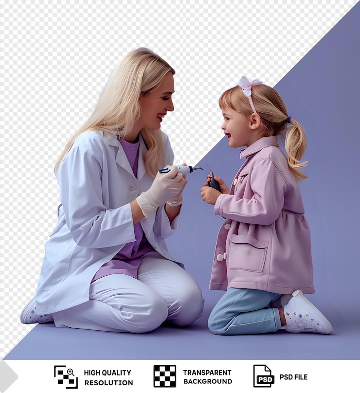 PSD psd picture a blond doctor holding a dental drill while working with her little patient who has long blond hair and wears white pants in front of a blue and purple wall png psd