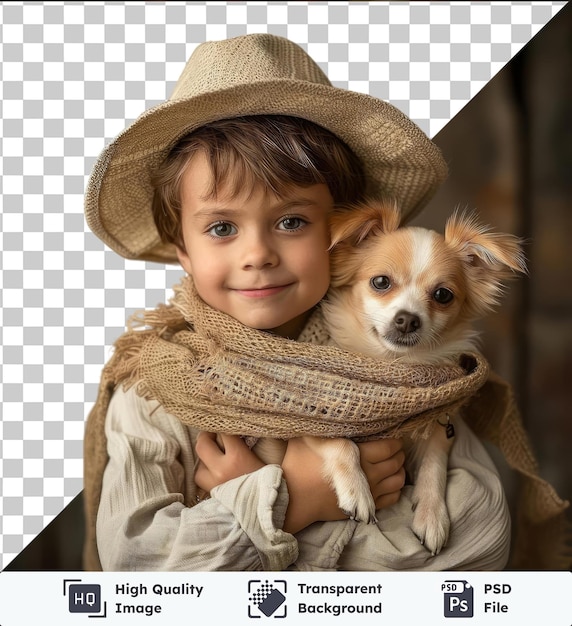 PSD ストローハットとスウェットを着た小さな犬を持つpsd写真の男の子