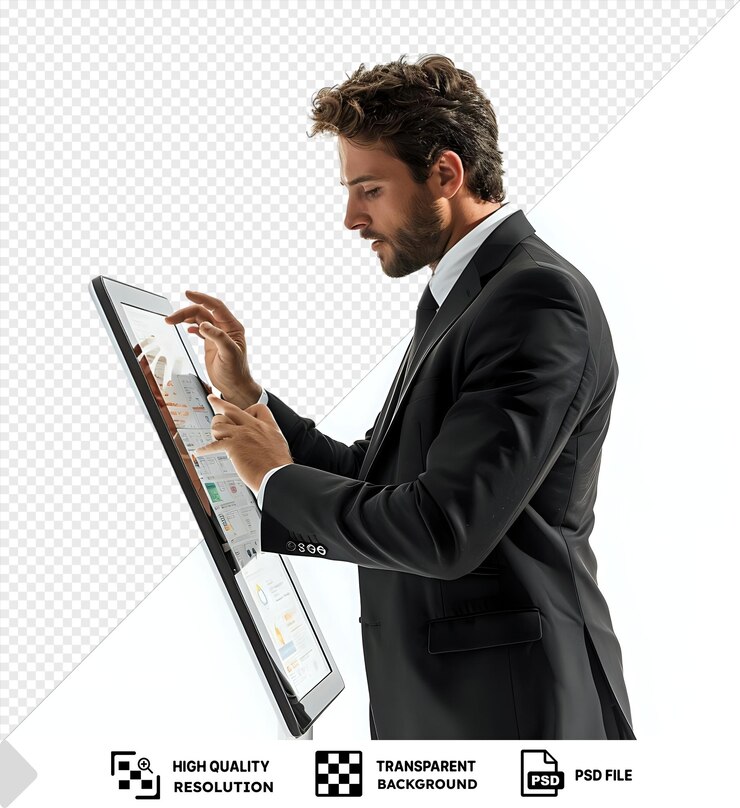 PSD psd picture business man in black suit using and touch screen display on tablet with brown hair and ear visible while holding hands with someone png psd