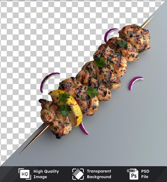 PSD psd picture chicken souvlaki skewered on skewers with purple onions and green leaves on a transparent background