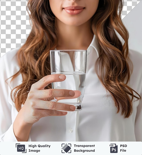 PSD foto in primo piano di una donna caucasica che indossa una camicia bianca con un bicchiere d'acqua da bere in mano stile di vita sano concetto di trattamento sanitario