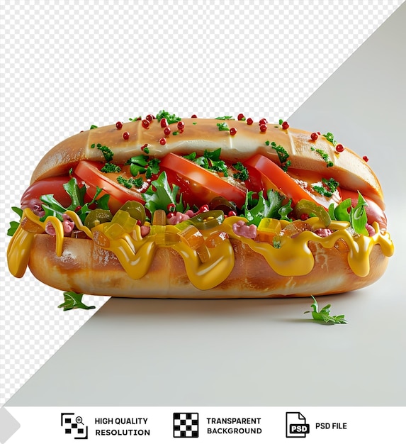 PSD psd picture close up of hot dog fast food with ketchup mustard and relish on a bun